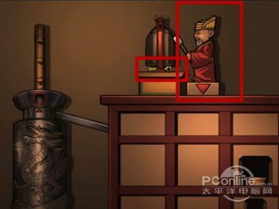 点击柱子左侧的机关，将娃娃放入图中所示位置